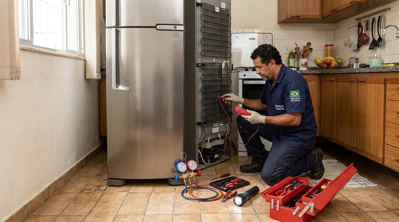 Técnico de geladeira avaliando em Suzano‑SP